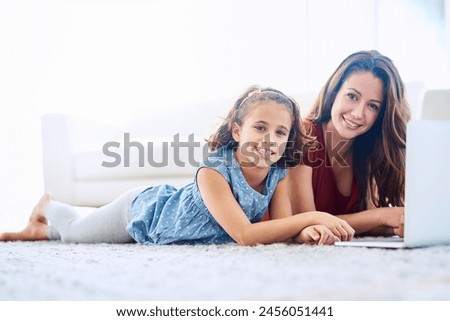 Mother, girl and laptop in home portrait, online class and remote learning or education on floor. Daughter, mama and streaming cartoon or app for child development, bonding and support in childhood