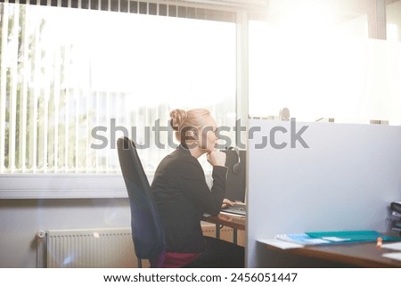 Business woman, thinking and planning at office desk in public relations agency with copywriting ideas on computer. Worker, editor or writer on desktop, research and project inspiration in lens flare