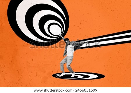 Artwork composite 3D collage of orange color black white line element silhouette style active funky dance move young man model posing