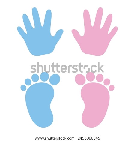 Baby footprints and handprints in blue and pink colors. Kids or baby shower theme. Vector illustration isolated on white background. 