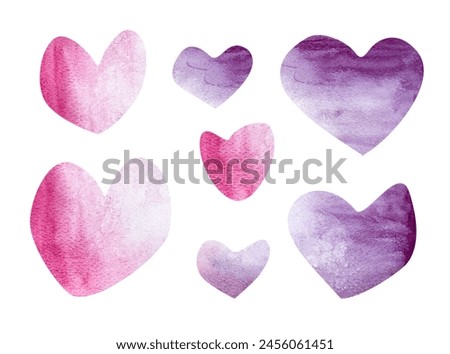 Collection of imperfect pink and purple watercolor hearts with artistic brush strokes, marks and stains. Hand drawn watercolor drawings, cut out clipart elements for creative design decoration.