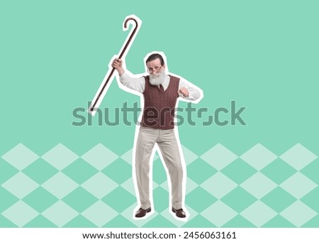 Pop art poster. Senior man with walking cane dancing on turquoise background, pin up style
