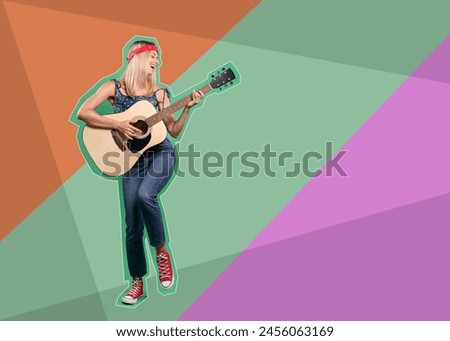 Pop art poster. Happy hippie woman playing guitar on bright background, pin up style