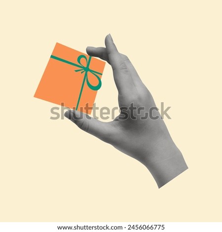 Contemporary art collage of hand with gift box. Concept of holiday shopping. Greeting and celebration. Copy space for ad.