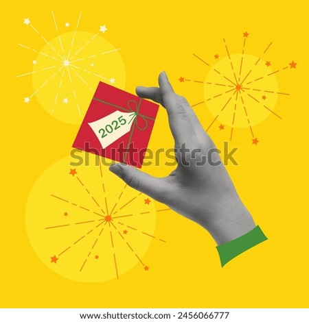 Contemporary art collage of hand with gift box and sparklers. Time for gifts. The concept of holiday mood. Greetings and celebration. Copy space.
