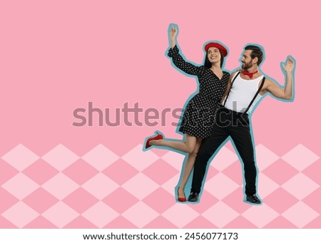Pop art poster. Couple dancing on pink background, pin up style