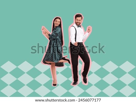 Pop art poster. Couple dancing on turquoise background, pin up style