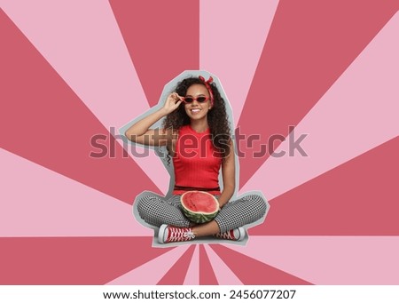 Pop art poster. Beautiful young woman with half of watermelon on striped background, pin up style