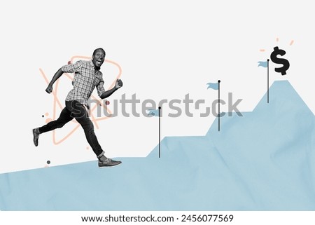 Composite photo collage of excited american guy run forward path flag promotion career development success isolated on painted background