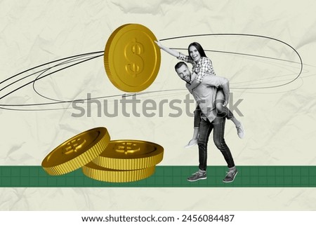 Creative collage picture young man woman golden coins money economy dollar profit income finance dollars couple family positive mood