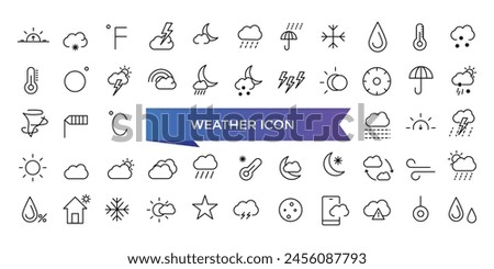 Weather icon collection. Related to temperature, sun, rain, snow, cloud, humidity, summer, winter, spring, cloudy and rainy season. Climate symbol set.