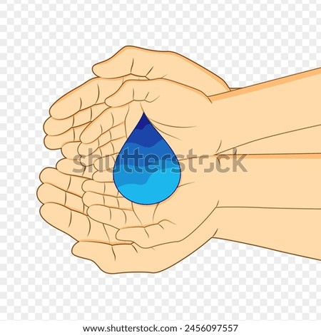 Vector illustration of water drop in hands on transparent background