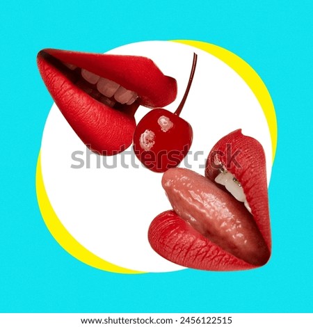 Contemporary art collage. Red-lipped mouth with bright pink tongue licks, bites juicy red cherry. Concept of pop art, beauty, smiles, joy, laughter, positive emotion. Trendy magazine style.