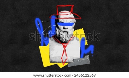 Monochromatic bust with red line-drawn accessories, set against textured black background with abstract yellow and blue shapes. Surreal art style. Concept of sculpture artwork, creativity, party