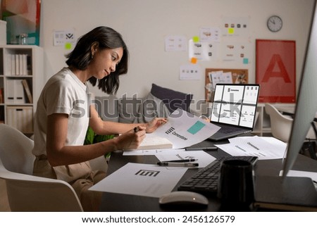 Asian Graphic designer working in office. Designing logo Artist Creative Designer Illustrator Graphic Skill Concept.