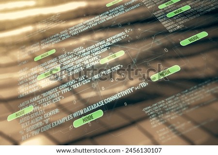 Abstract virtual coding illustration on abstract metal background, software development concept. Multiexposure