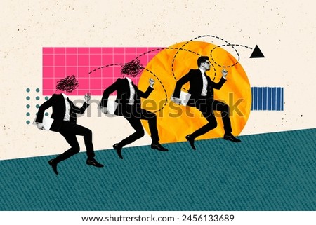 Composite photo collage of three serious business people two headless run deal arrow up receive promotion isolated on painted background
