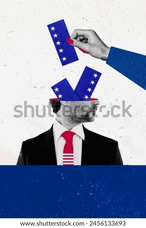 Vertical photo collage of headless guy wear formal suit hand put ballot election process referendum voted isolated on painted background