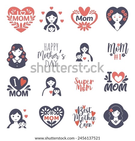 Mother's day holiday clip art. Set of lettering quotes and illustrations. Mom with child and woman' s silhouette isolated on white. Sticker set in flat design. Vector.