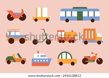 Set of various flat vector vehicles. Cliparts of cars, trucks, buses, two-wheelers, motorcycles, scooters and boat