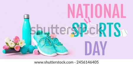 Banner for National Sports Day with flowers, massage roller and bottle of water