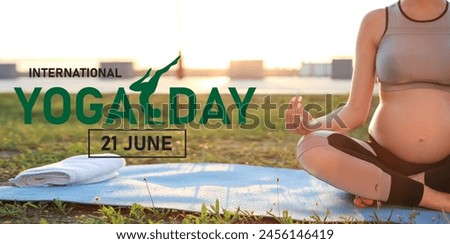 Sporty pregnant young woman meditating outdoors. Banner for World Yoga Day
