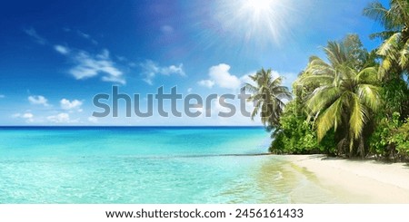 Beautiful tropical beach with white sand, palm trees,  turquoise ocean against blue sky with clouds on sunny summer day, Maldives.