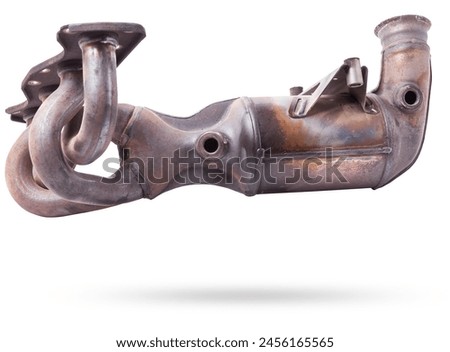 A automotive exhaust manifold with catalyst isolated on white. Exhaust manifold car stock pictures, royalty-free photos, images