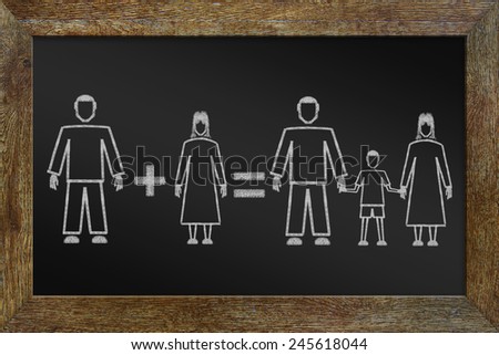 Concept of happy traditional family. Chalk drawing on the blackboard