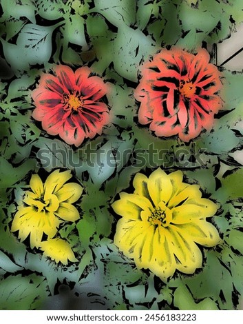 The artistic effect in the photo was obtained by using an artistic filter.
Red and yellow dahlias in bloom. 