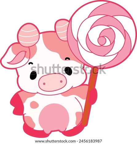 Pink Cow Strawberry Milk Vector Icon. Pink cute dairy calf cow farm animal. Cute funny cow pink character design. Cow is holding a pink candy.