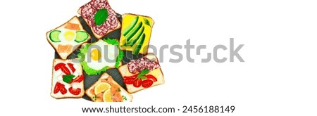 appetizing sandwiches in a gray plate on a white background. slices of bread with vegetables and meat in a plate on a light texture
