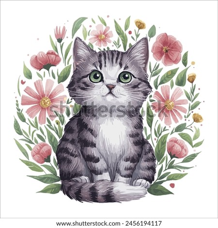 Cute Cat With Flowers Illustration Vector Watercolor Clip art Design
