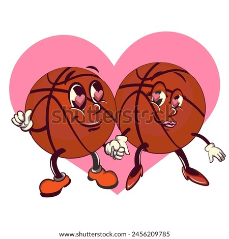 couple basketballs cartoon mascot love each other and holding hands, illustration character vector clip art work of hand drawn