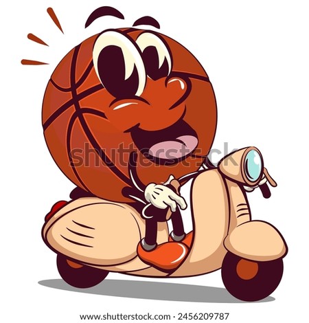 Basketball cartoon mascot riding a scooter, illustration character vector clip art work of hand drawn