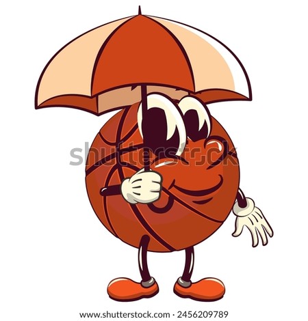 Basketball cartoon mascot with umbrella, illustration character vector clip art work of hand drawn
