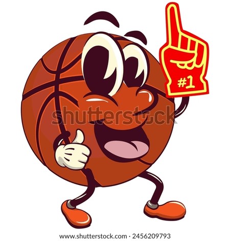 Basketball cartoon mascot raising a foam finger, illustration character vector clip art work of hand drawn