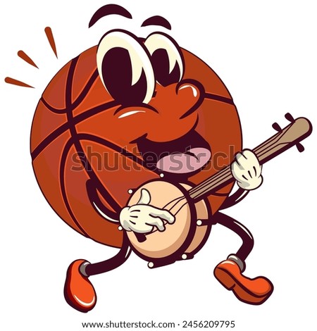 Basketball cartoon mascot playing a banjo musical instrument, illustration character vector clip art work of hand drawn