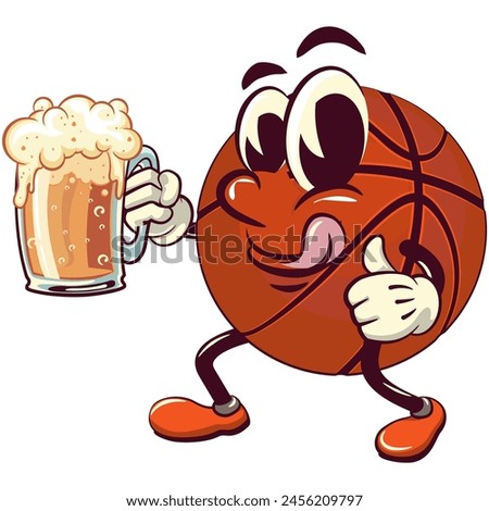 Basketball cartoon mascot raising a large beer glass while giving a thumbs up, illustration character vector clip art work of hand drawn