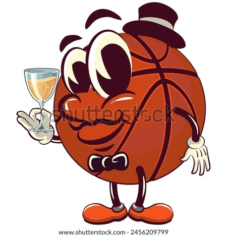 Basketball cartoon mascot wearing a hat and bow tie raising a wine glass, illustration character vector clip art work of hand drawn