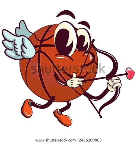Basketball cartoon mascot being cupid with arrow of love, illustration character vector clip art work of hand drawn