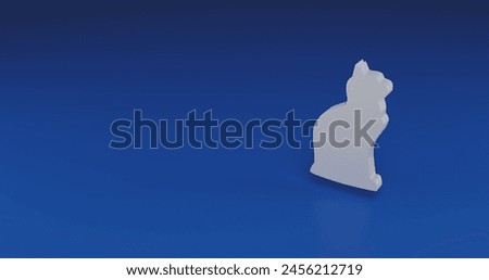 Isolated realistic white cat symbol with shadow. Located on the right side of the scene. 3d illustration on blue background