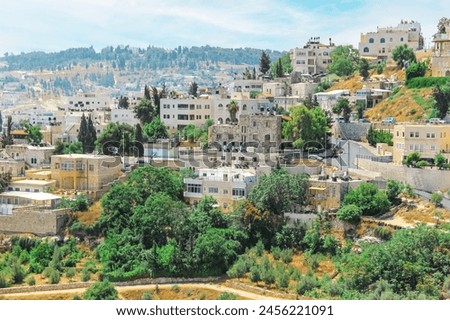 This stunning image showcases the old city of Jerusalem, atop a hill surrounded by lush greenery. It includes iconic sites like the Western Wall, Dome of the Rock, and Church of the Holy Sepulchre.