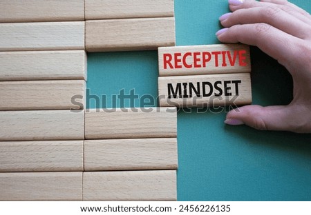 Receptive Mindset symbol. Concept word Receptive Mindset on wooden blocks. Beautiful grey green background. Businessman hand. Business and Receptive Mindset concept. Copy space