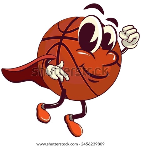 Basketball cartoon mascot being superhero with a cape, illustration character vector clip art work of hand drawn