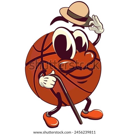 Basketball cartoon mascot carrying a stick and saluting with raised hat, illustration character vector clip art work of hand drawn