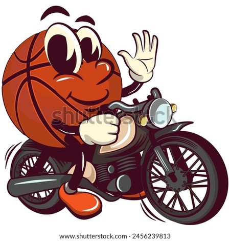 Basketball cartoon mascot riding a big motorcycle, illustration character vector clip art work of hand drawn