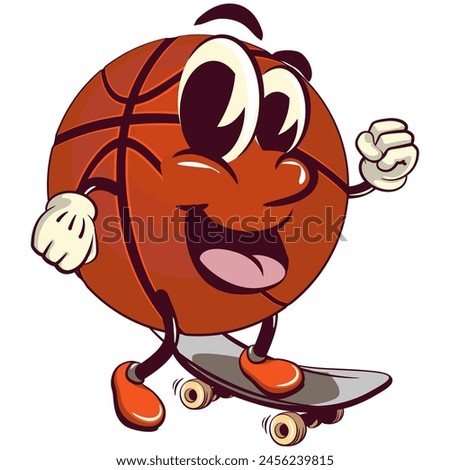 Basketball cartoon mascot playing skateboarding, illustration character vector clip art work of hand drawn