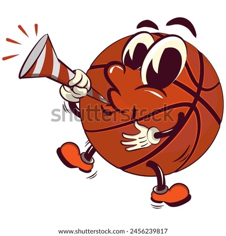 Basketball cartoon mascot blowing party trumpet, illustration character vector clip art work of hand drawn
