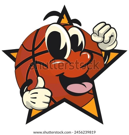Basketball cartoon mascot out from of a star with thumbs up, illustration character vector clip art work of hand drawn
